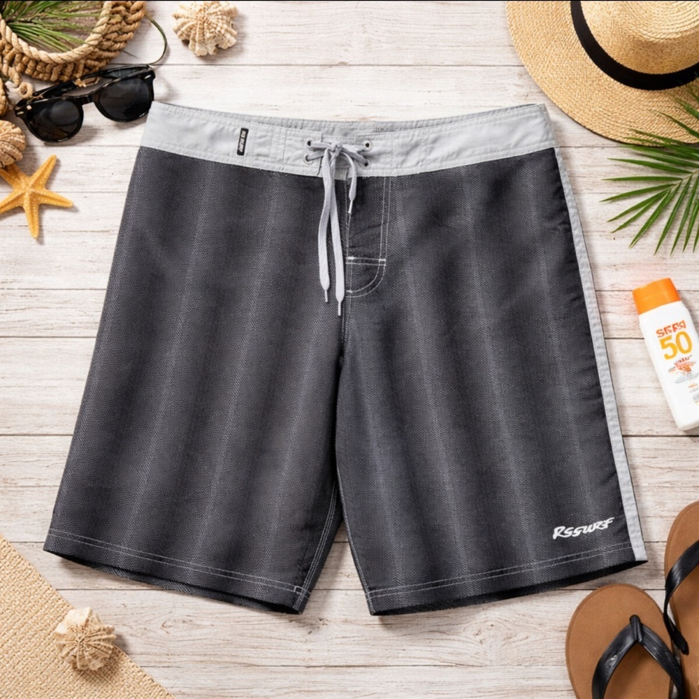 Raya Sun RS Surf Men's Swim Trunks Gray Black Drawstring Size 38 New with Tags